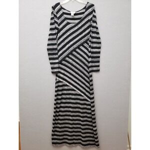 MSSP Womens M Maxi Dress Black Gray Striped Long Sleeve Asymmetrical Stretch